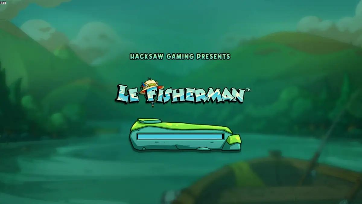 O guaxinim Smokey pescando em um lago cartunesco no slot Le Fisherman da Hacksaw Gaming.