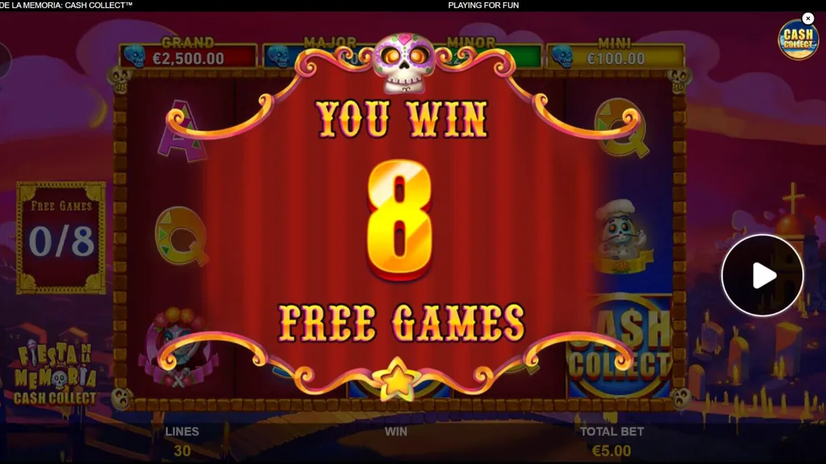 Interface vibrante e neon do slot Fiesta de la Memoria Cash Collect com tema de Dia dos Mortos